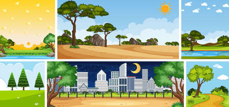 Set of different nature place scene in vertical and horizon scenes at daytime and night illustrationのイラスト素材