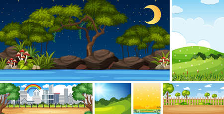 Set of different nature place scene in vertical and horizon scenes at daytime and night illustrationのイラスト素材