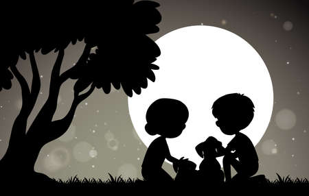 Couple with dog under shadow illustrationのイラスト素材