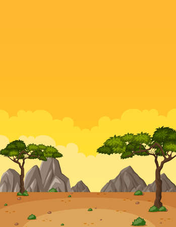 Vertical nature scene or landscape countryside with forest view and yellow sunset sky view illustrationのイラスト素材
