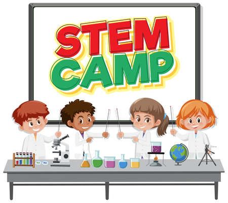 Stem camp logo with kids wearing scientist costume isolated illustrationのイラスト素材