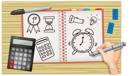 Close up hand writing a clock on notebook with calculator on desk background illustrationのイラスト素材