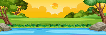 Horizon nature scene or landscape countryside with forest riverside view and yellow sunset sky view illustrationのイラスト素材