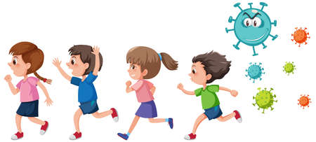 Four kids running away from coronavirus icon isolated illustrationのイラスト素材