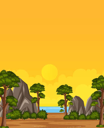 Vertical nature scene or landscape countryside with trees and stones by the beach view and yellow sunset sky view illustrationのイラスト素材