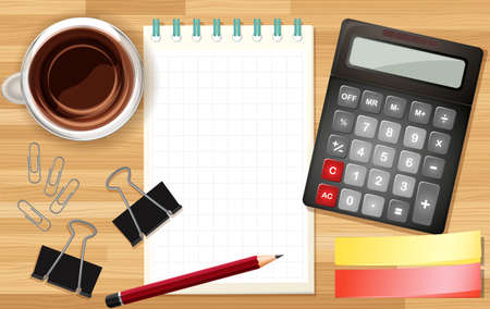 Office desk close up with notebook and calculator and coffee cup cartoon style illustrationのイラスト素材