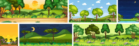 Set of different nature place scene in vertical and horizon scenes at daytime and night illustrationのイラスト素材
