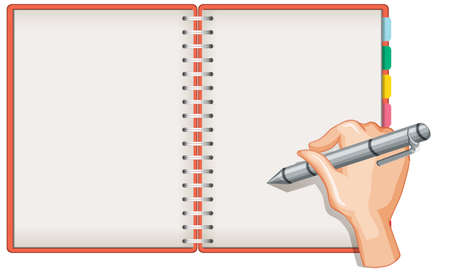 Close up hand writing on blank notebook isolated on white background illustrationのイラスト素材