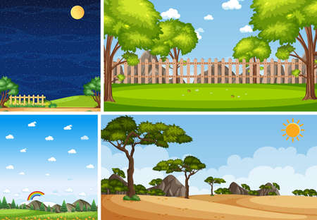 Four different scene of nature place in vertical and horizon scenes at daytime and night illustrationのイラスト素材