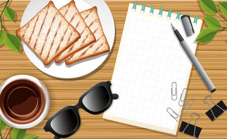 Office desk close up with note paper and coffee break cartoon style illustrationのイラスト素材