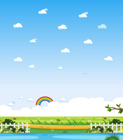 Vertical nature scene or landscape countryside with forest view and rainbow in blank sky at daytime illustrationのイラスト素材