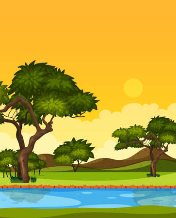 Vertical nature scene or landscape countryside with forest riverside view and yellow sunset sky view illustrationのイラスト素材