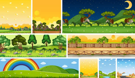 Set of different nature place scene in vertical and horizon scenes at daytime and night illustrationのイラスト素材