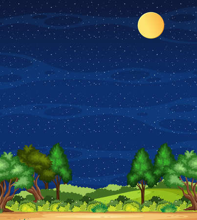 Vertical nature scene or landscape countryside with forest view and blank sky at night illustrationのイラスト素材