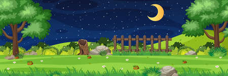Horizon nature scene or landscape countryside with forest view and moon in the sky at night illustrationのイラスト素材