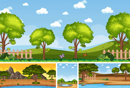 Four background different nature scenes with green trees in different times illustrationのイラスト素材