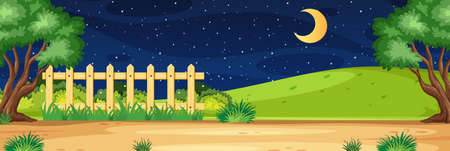 Horizon nature scene or landscape countryside with part of fence view and moon in the sky at night illustrationのイラスト素材
