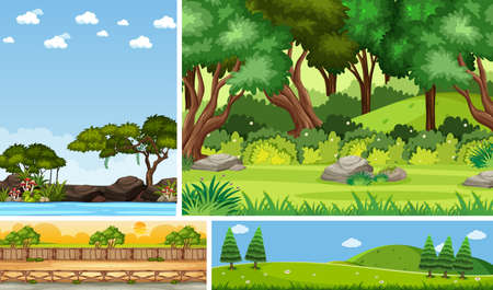 Set of different nature place scene in vertical and horizon scenes at daytime illustrationのイラスト素材