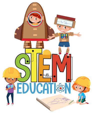 Stem education logo with kids wearing engineer costume isolated illustrationのイラスト素材