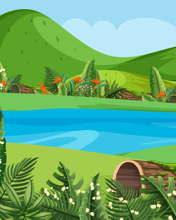 Empty nature scenes with green mountain and river illustrationのイラスト素材