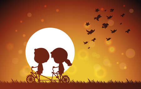 Couple cycling under shadow illustrationのイラスト素材