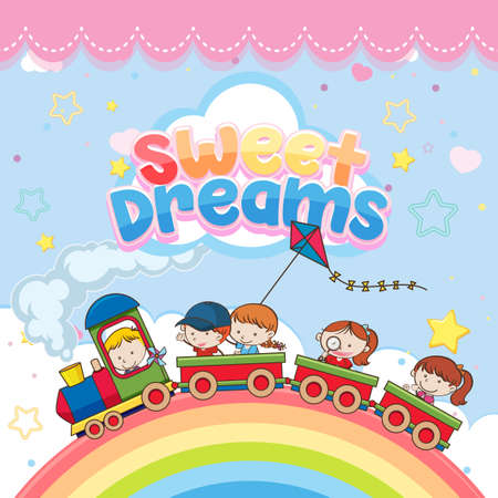 Sweet dreams logo with kids in toy train and rainbow in the sky on bright blue background illustrationのイラスト素材