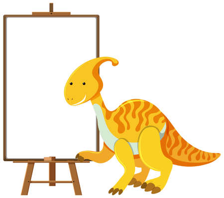Yellow cute dinosaur with blank banner isolated on white background illustrationのイラスト素材