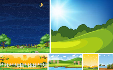 Set of different nature place scene in vertical and horizon scenes at daytime and night illustrationのイラスト素材