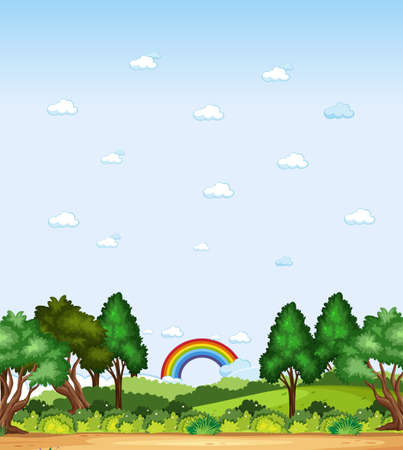 Vertical nature scene or landscape countryside with forest view and rainbow in blank sky at daytime illustrationのイラスト素材