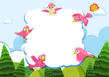 Happy bird in nature background blank banner illustrationのイラスト素材