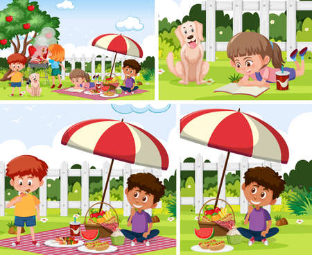 Children with outdoor background set illustrationのイラスト素材