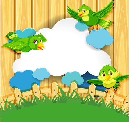 Bird banner template wooden fence background illustrationのイラスト素材