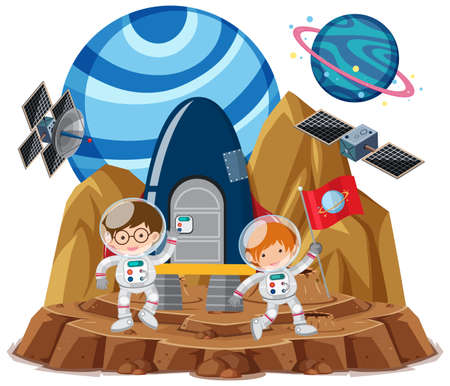 Space theme with astronauts holding flag and satellite isolated on white backgroud illustrationのイラスト素材