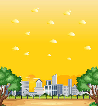 Vertical nature scene or landscape countryside with city view and yellow sunset sky view illustrationのイラスト素材