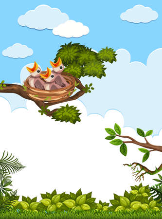 Chicks and its mother bird in nature illustrationのイラスト素材