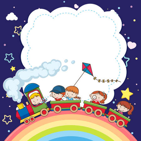 Blank banner with kids in toy train and rainbow in the sky on dark blue background illustrationのイラスト素材