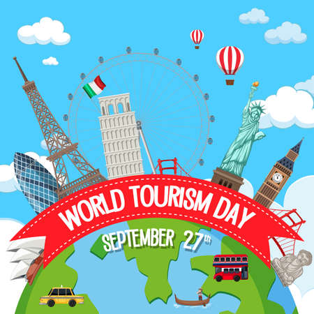 World tourism day logo with famous tourist landmarks elements illustrationのイラスト素材