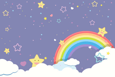 Blank purple sky with rainbow and smiley cute stars illustrationのイラスト素材
