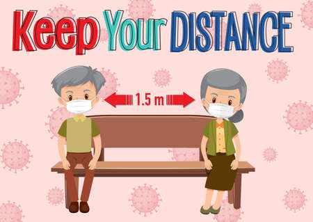 Keep your distance or social distancing with old people cartoon character illustrationのイラスト素材