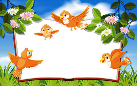 Happy bird in nature background blank banner illustrationのイラスト素材