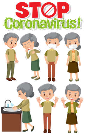 Stop coronavirus logo with set of old people in different actions in coronavirus theme illustrationのイラスト素材