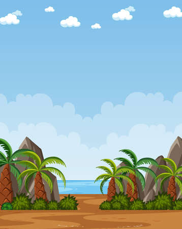Vertical nature scene or landscape countryside with plam trees by the beach and blank sky at daytime illustrationのイラスト素材