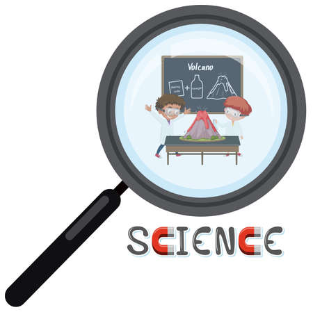 Science logo with scientist in magnifying glass isolated illustrationのイラスト素材
