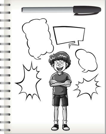 Boy thinking with shape doodle on notebook on white background illustrationのイラスト素材