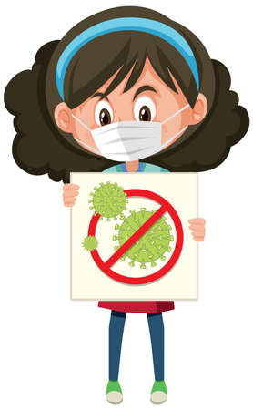 Girl wearing mask and holding stop coronavirus sign illustrationのイラスト素材