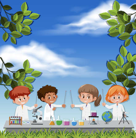 Kids wearing scientist costume on sky background illustrationのイラスト素材