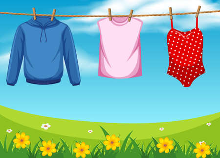 Cloth hanging on the rope outdoor illustrationのイラスト素材