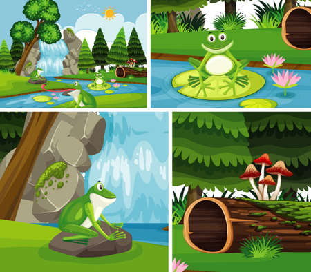 Frogs in nature background set illustrationのイラスト素材