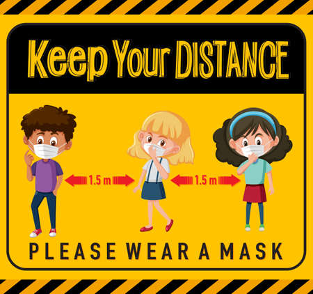 Keep your distance or social distancing sign with children cartoon characters illustrationのイラスト素材