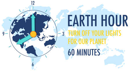 Earth Hour campaign poster or banner turn off your lights for our planet 60 minutes text on world map background illustrationのイラスト素材